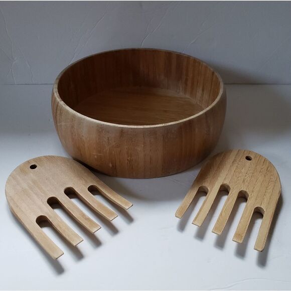 Wood Salad Bowl w/Salad Hands believed to be Bamboo - Picture 2 of 12